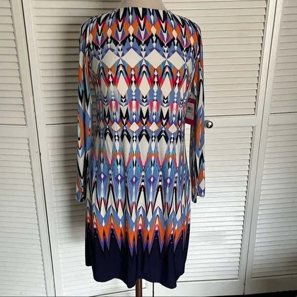 VINCE CAMUTO Mini dress retro Geometric Ikat Print Long Sleeve Shift 8 - Picture 1 of 10